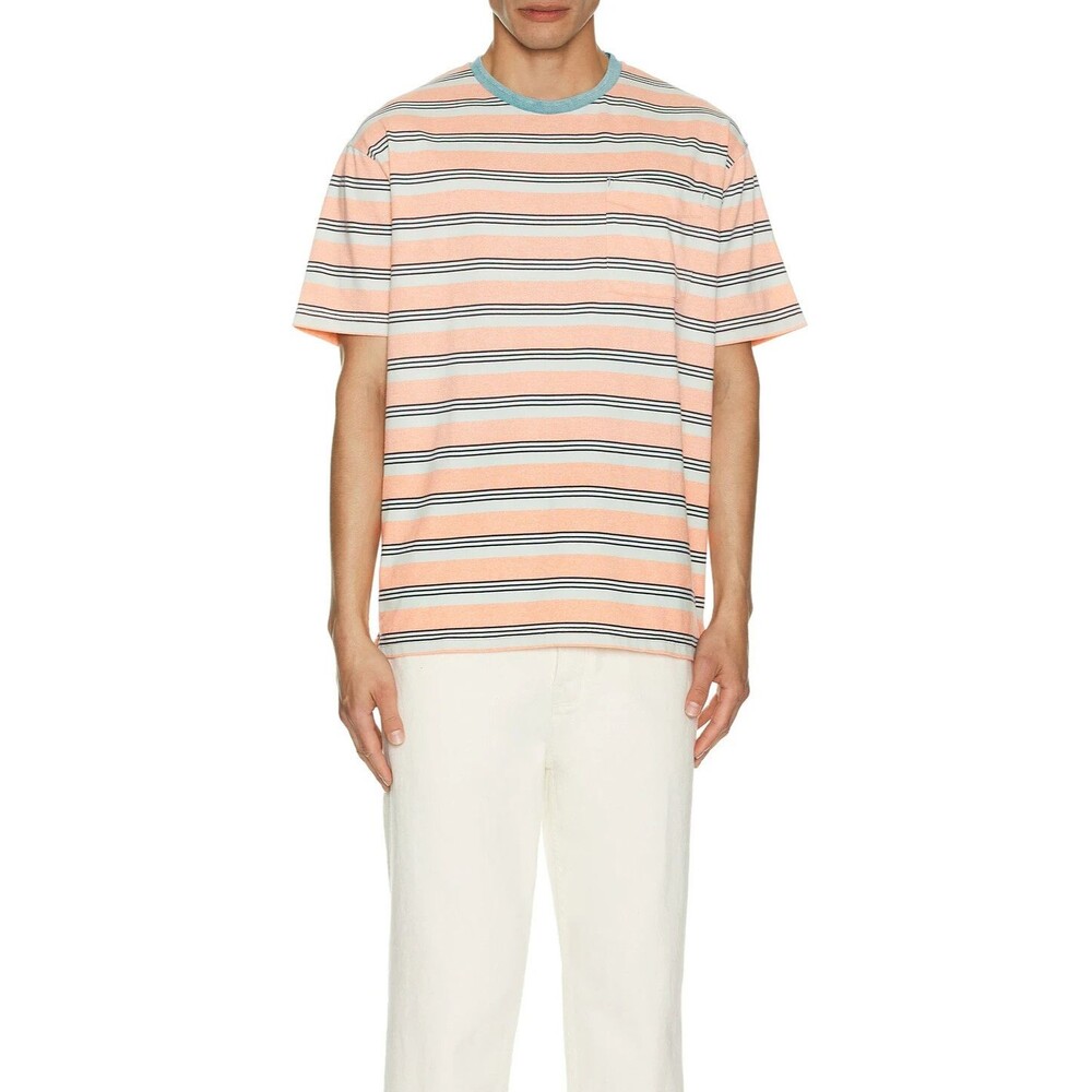 Scotch & Soda Men's Yarn-Dyed Stripe Pocket Soft Jersey T-Shirt Peach Green XL